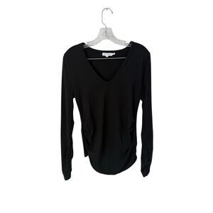 Good America Black Long Sleeve Side Ruched V Neck Top Size Large (3)